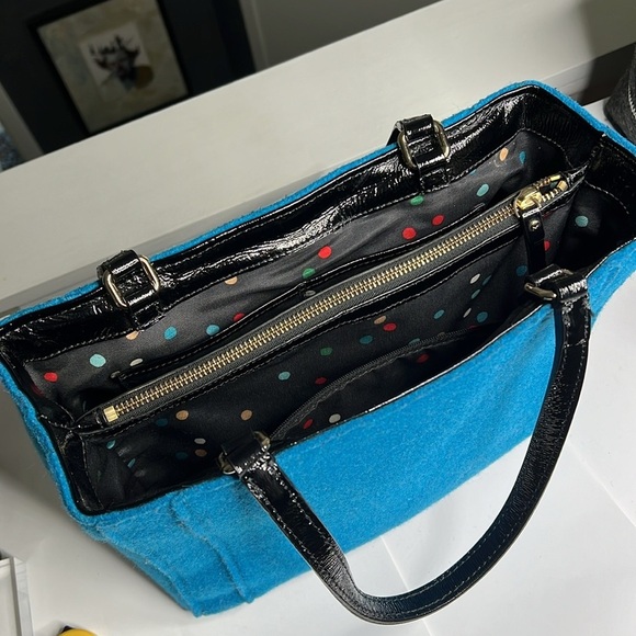 Kate Spade Teal Wool and Black Patent Leather Structured Tote Bag - Picture 11 of 11